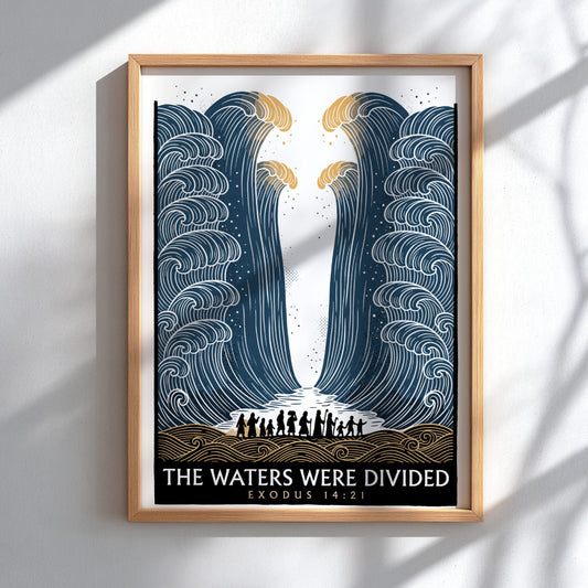 Poster featuring the parting of the Red Sea with navy waves and silhouettes.