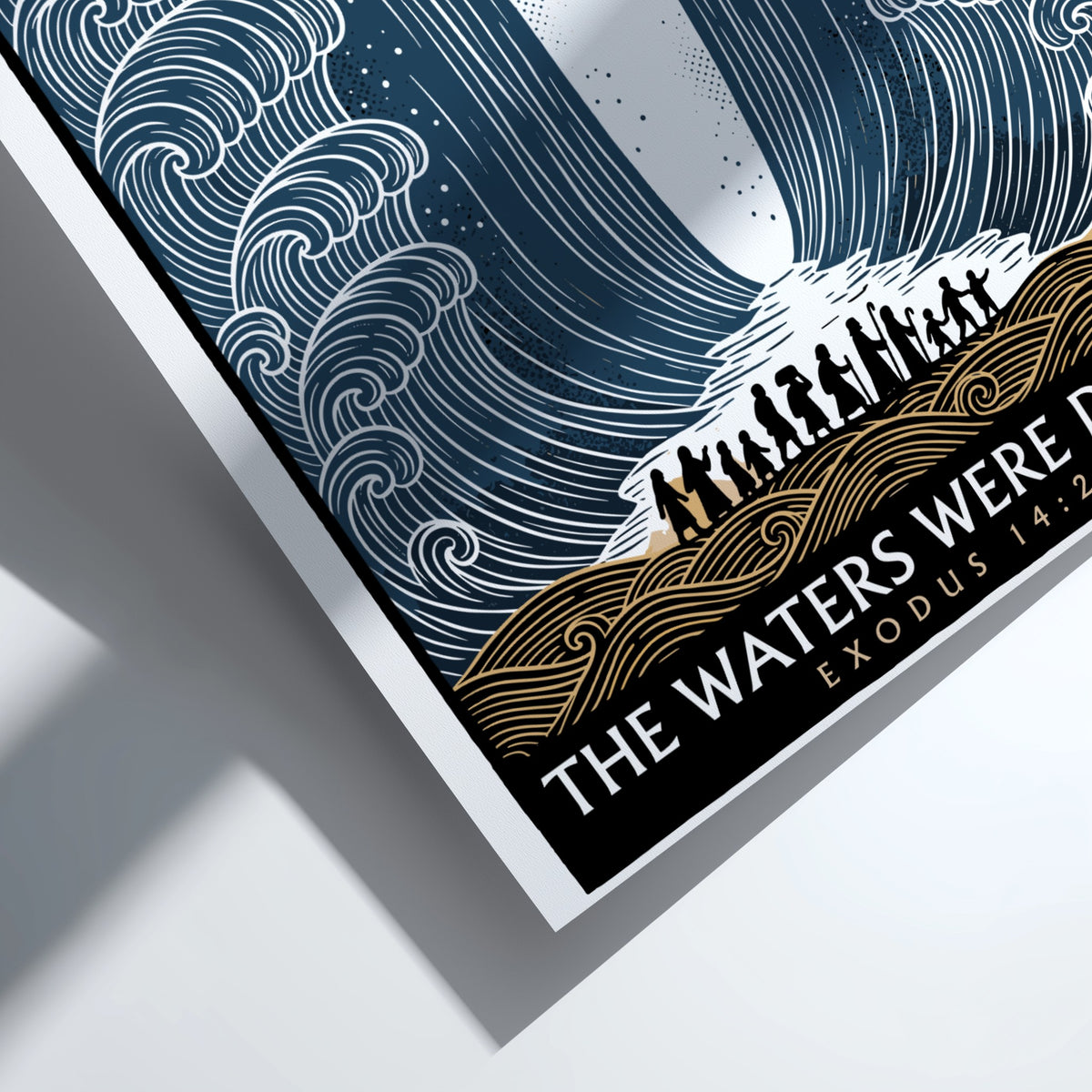 Poster featuring the parting of the Red Sea with navy waves and silhouettes.