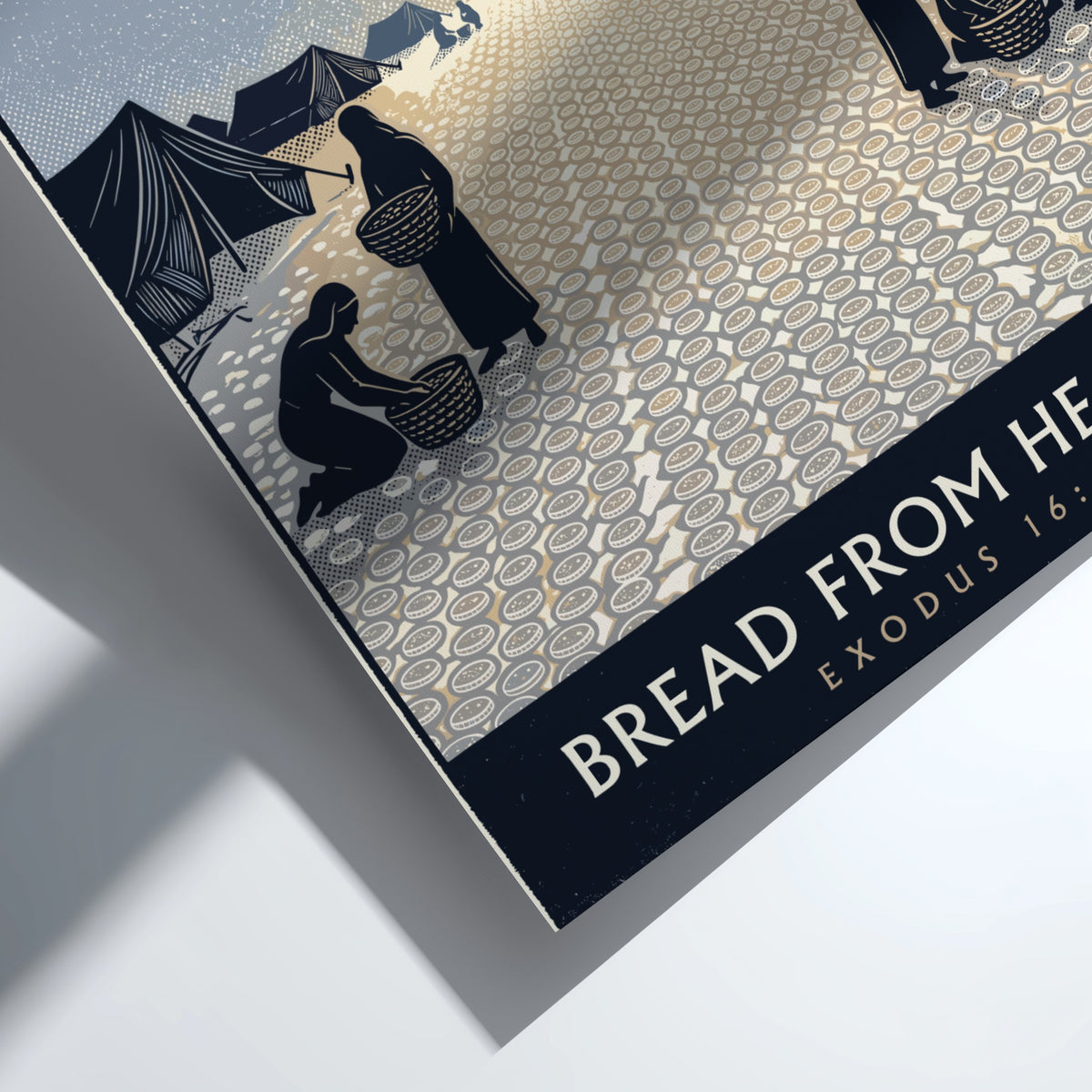 Poster displaying Bread From Heaven Exodus 16-4 with figures gathering manna in desert tents.