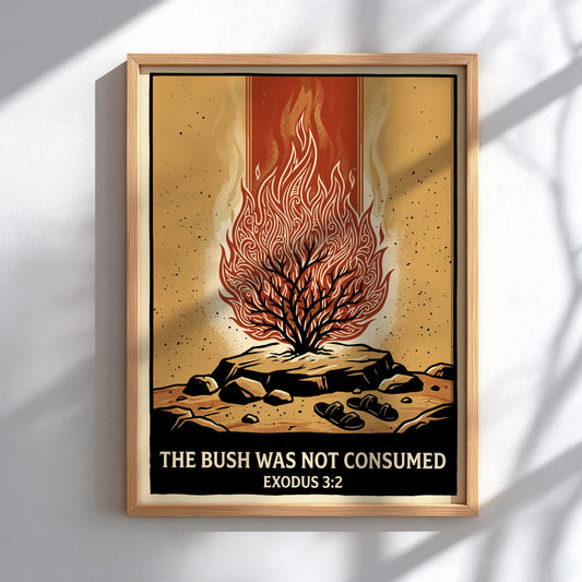 Poster featuring a burning bush with intricate flame patterns and sandals on desert sand.