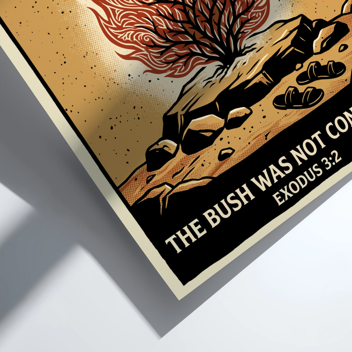 Poster featuring a burning bush with intricate flame patterns and sandals on desert sand.