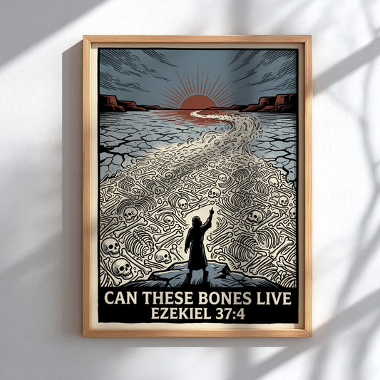 Poster featuring a prophet standing before a valley of bones under sunset skies