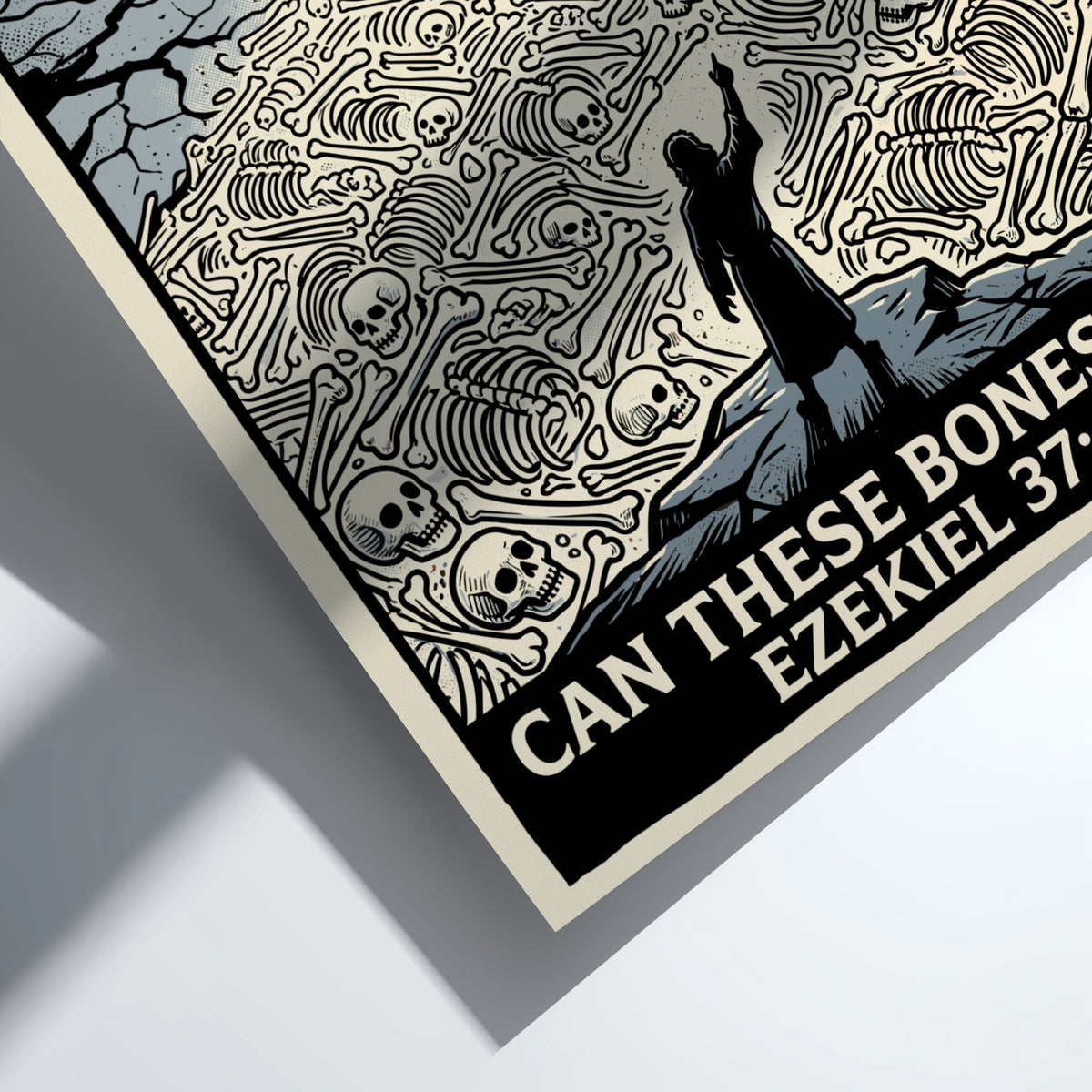 Poster featuring a prophet standing before a valley of bones under sunset skies