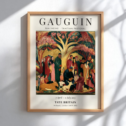 Gauguin exhibition poster featuring Faa Iheihe Tahitian Pastoral with vibrant colors and tropical scene