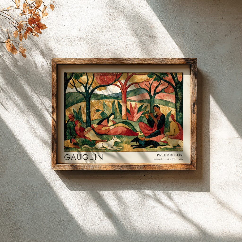 Wall art poster of Gauguin Faa Iheihe featuring Tahitian figures and animals in landscape.