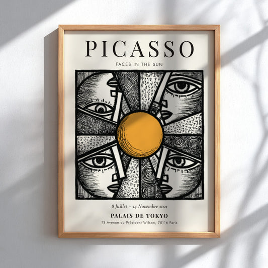 Faces in the Sun poster featuring Picasso inspired design with bold lines and warm colors