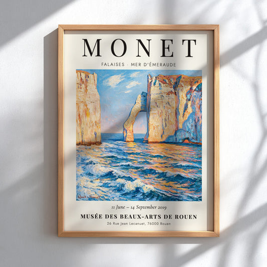 Monet inspired poster featuring Falaises - Mer d'Émeraude with vibrant blue tones and coastal scenery