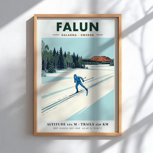 Poster featuring a skier in blue on snowy Falun trails near Swedish forests.