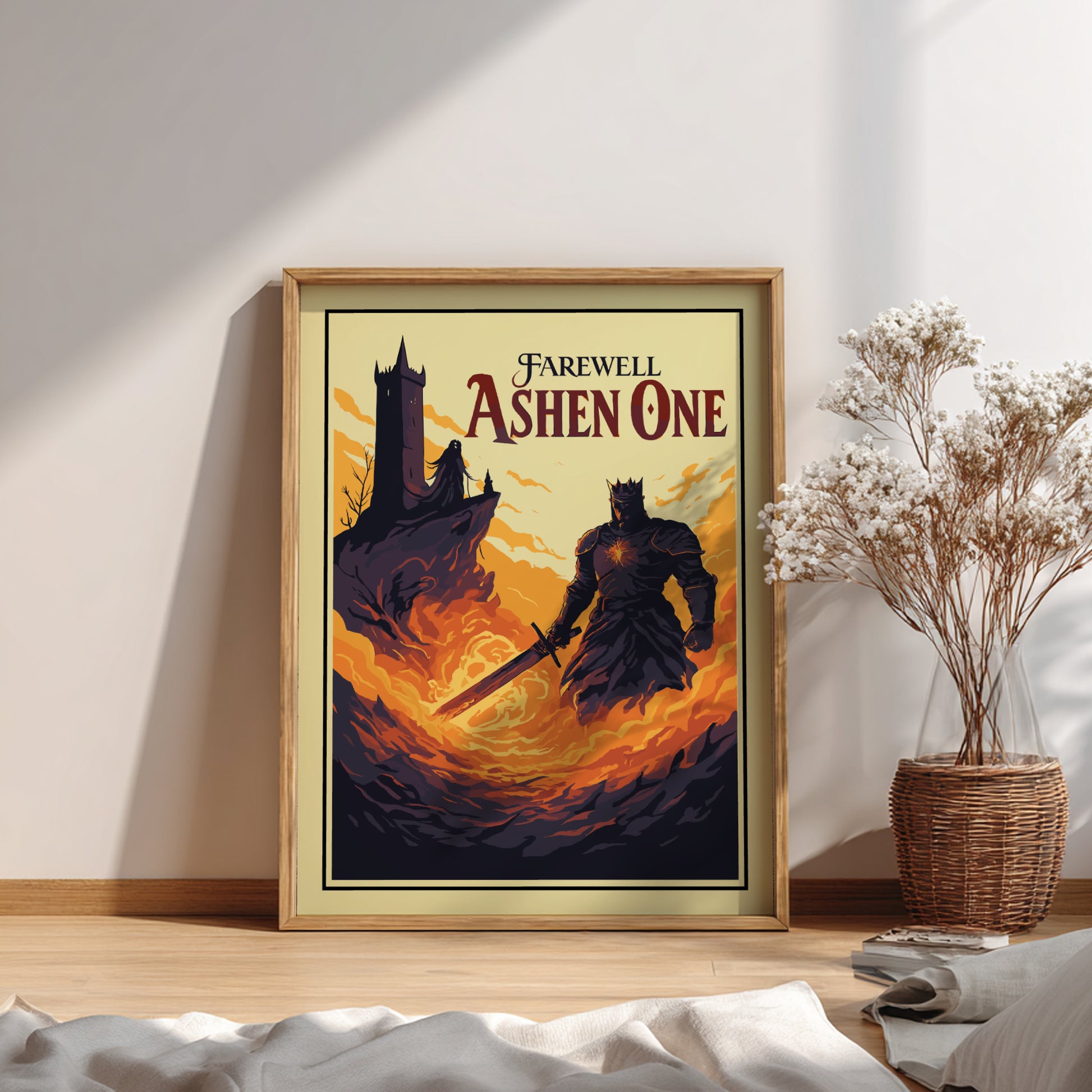 Framed poster with Farewell Ashen One from Dark Souls design on a wall with a plant and decor items.