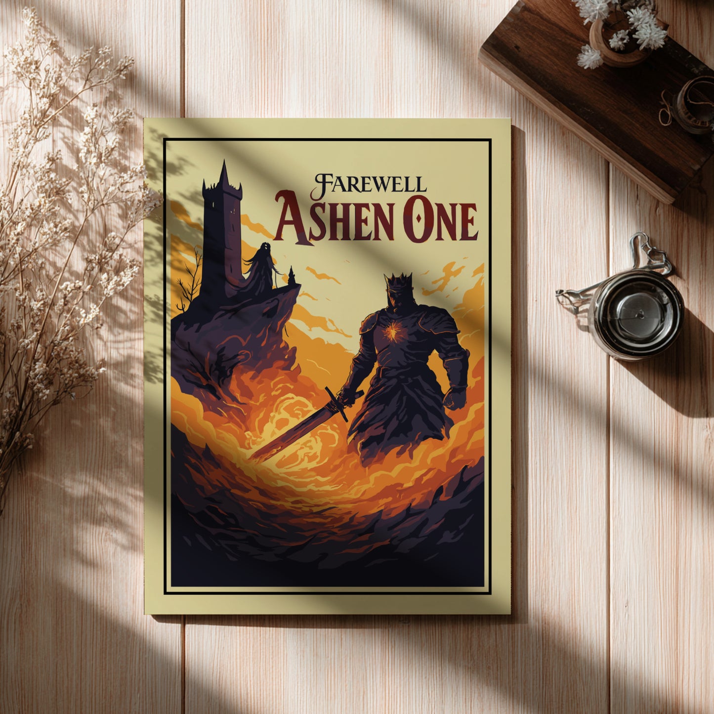 Poster of Farewell Ashen One from Dark Souls on a wooden surface with decorative elements.