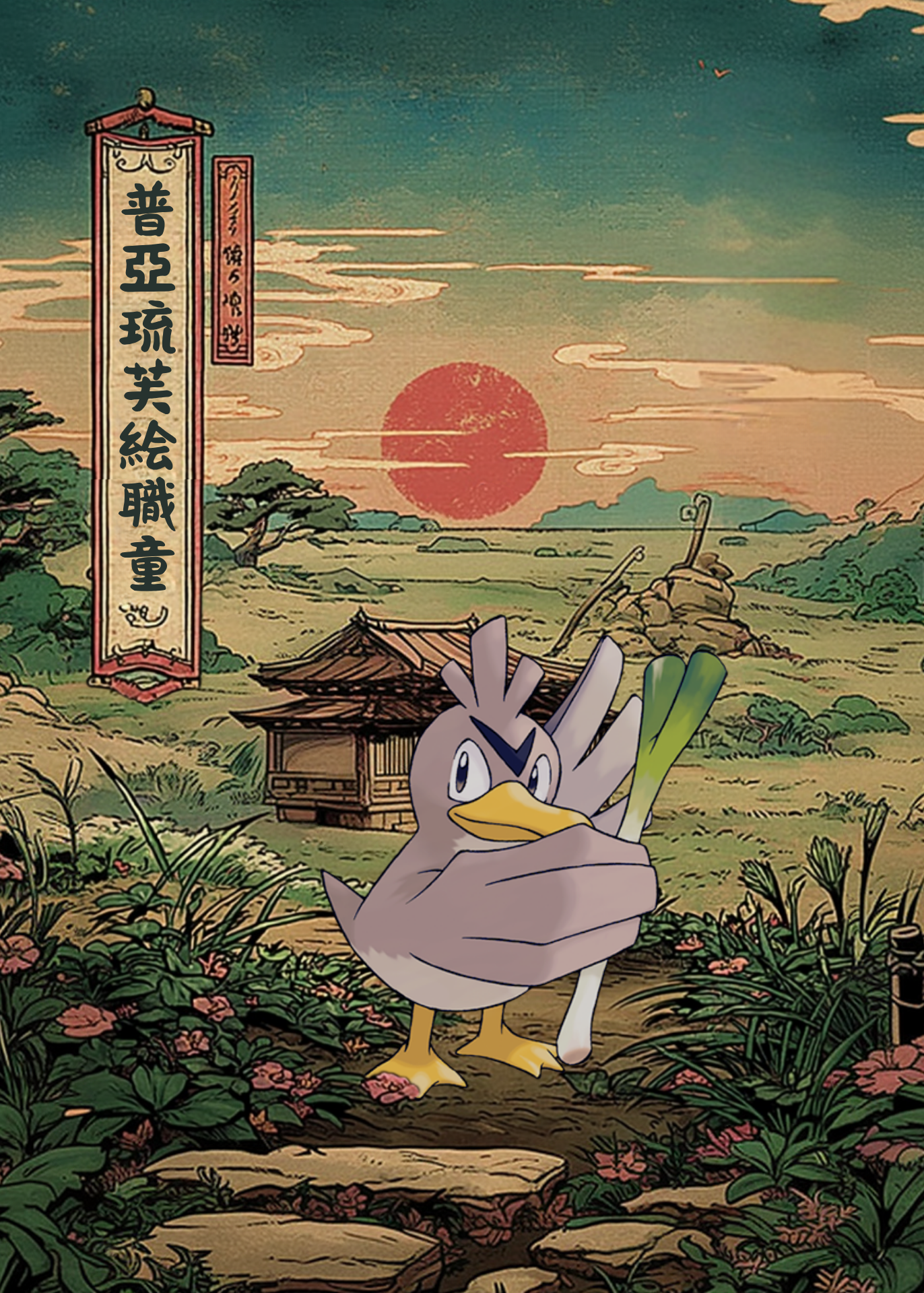 Farfetch’d Pokemon character in a traditional Japanese setting with a large red sun in the sky.