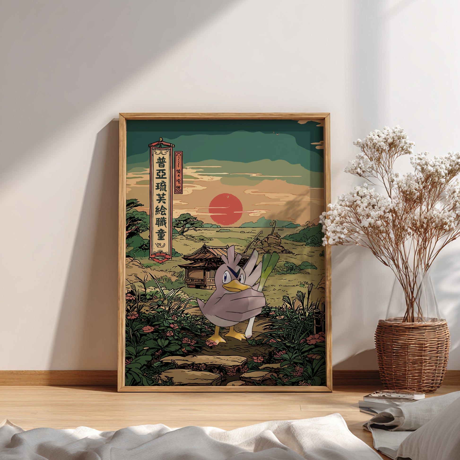 Framed artwork of Farfetch’d Pokemon in a scenic setting on a wall.
