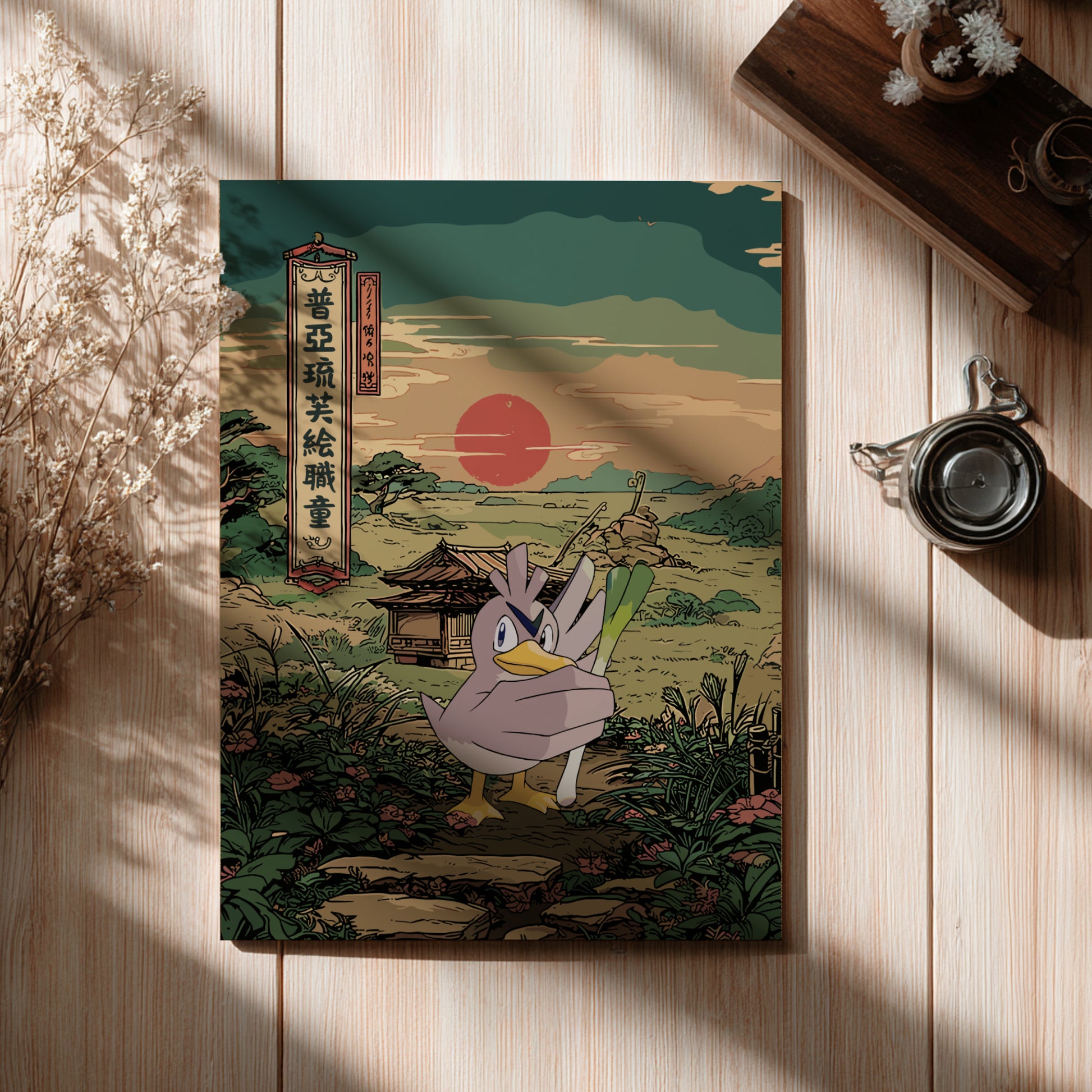 Wooden plaque with Farfetch’d Pokemon character in a traditional Japanese setting on a wooden surface.