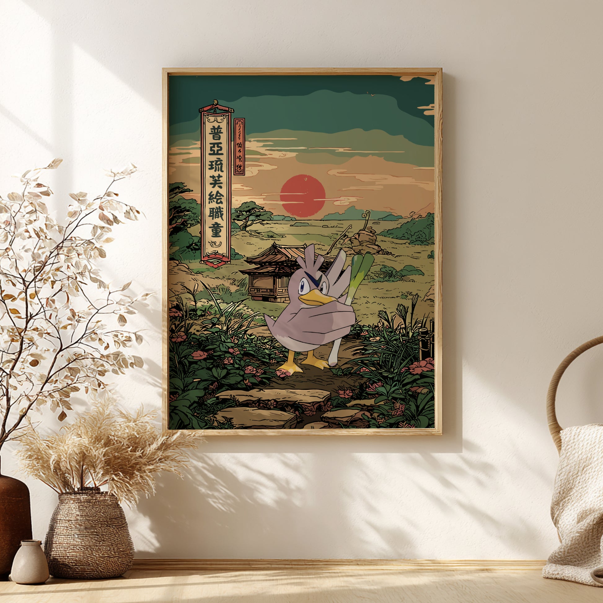Framed artwork of Farfetch’d Pokemon in a scenic setting on a wall with decorative elements.