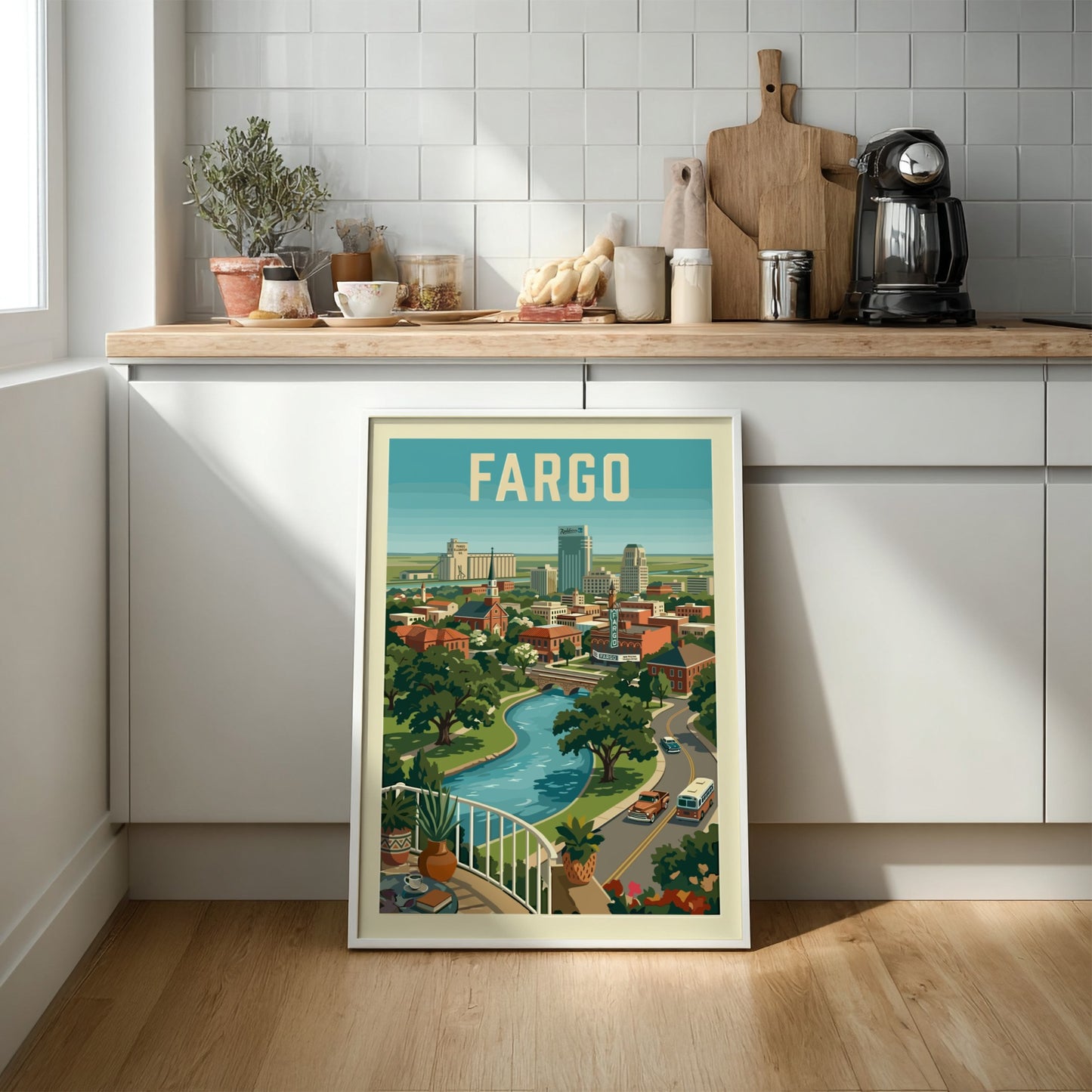 Retro travel poster print of Fargo cityscape with a river and vintage vehicles, in a warm color palette.