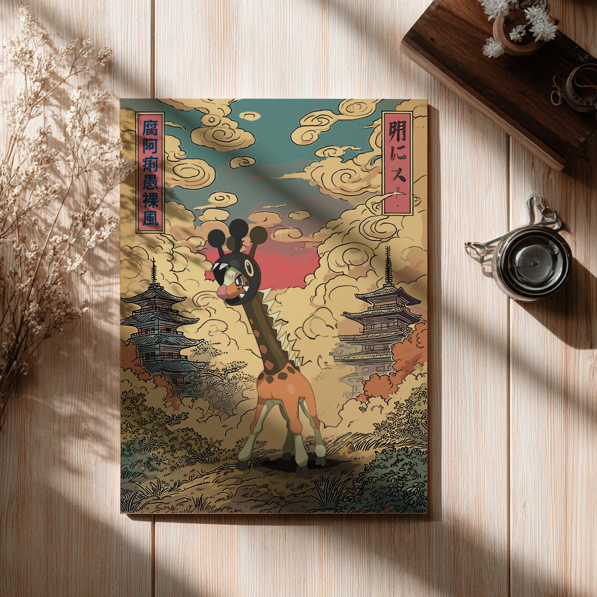 Poster with Farigiraf Pokemon design on a wooden surface