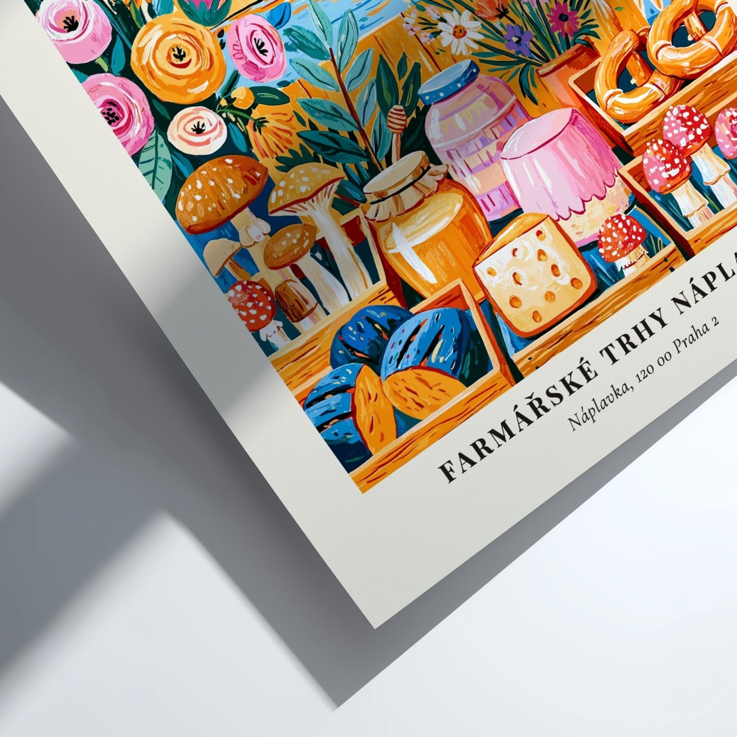 Náplavka Farmers Market poster featuring colorful produce and Prague skyline