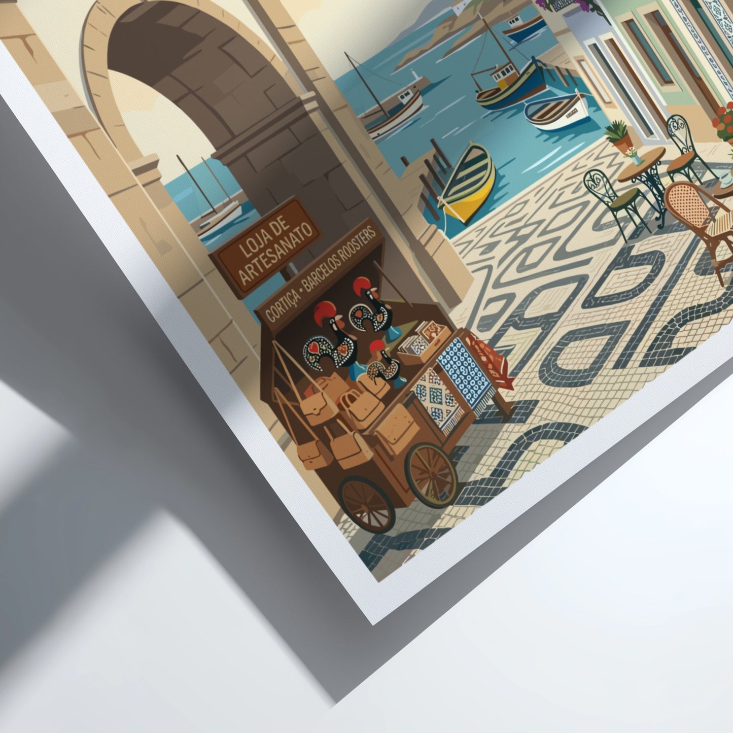 Faro Portugal travel poster featuring a colorful harbor scene with boats and traditional buildings.