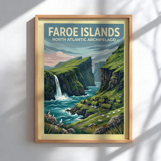 Travel poster of the Faroe Islands showing green cliffs, a waterfall, and puffins.