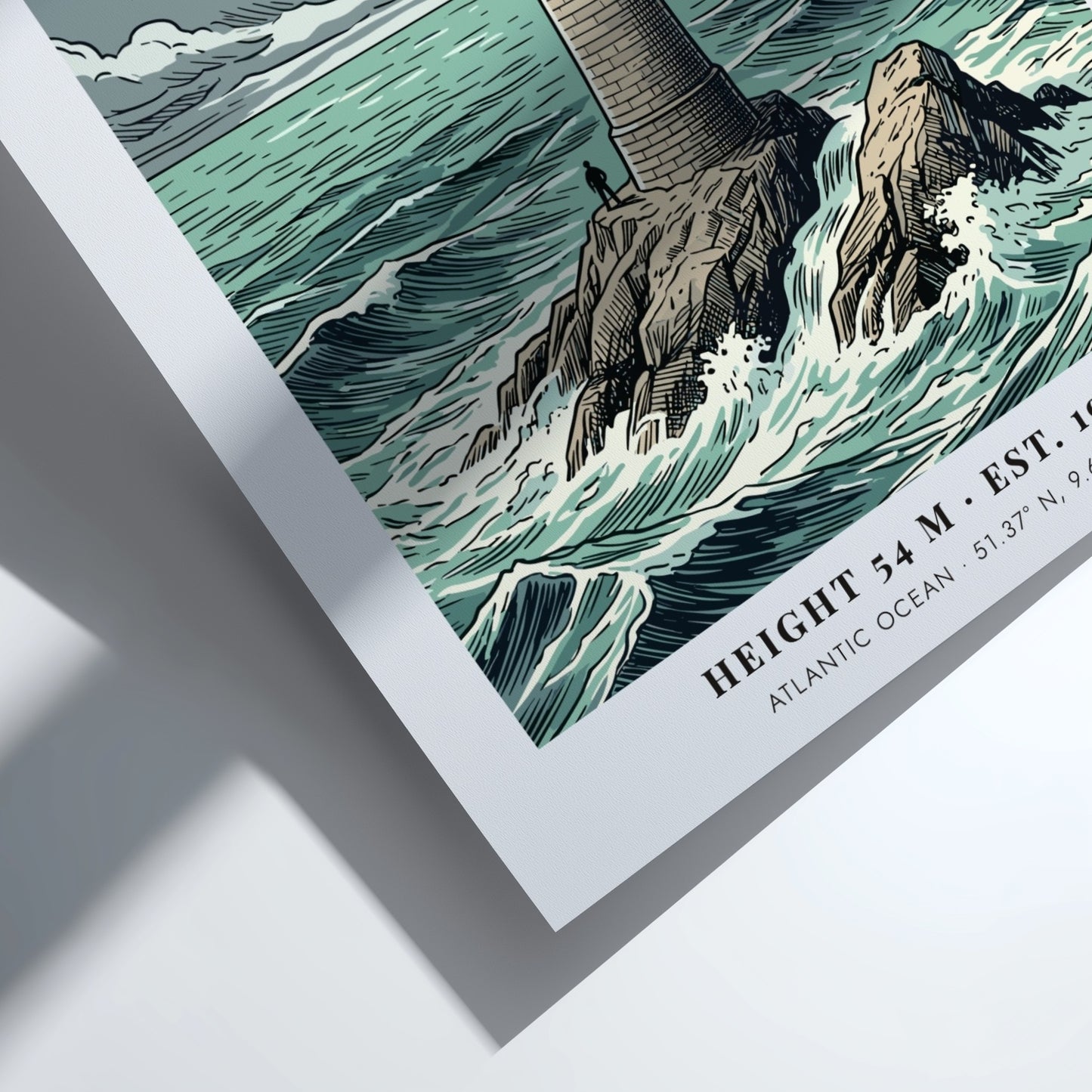 Poster featuring the Fastnet Rock lighthouse in County Cork surrounded by crashing waves.