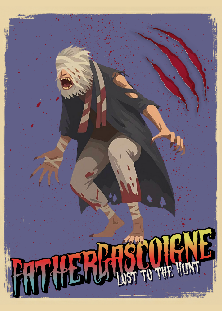 Illustration of Father Gascoigne from Bloodborne  on a purple background.