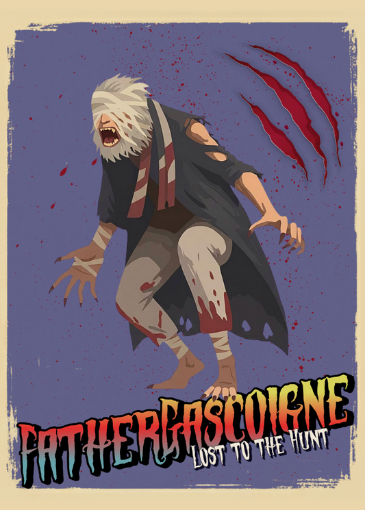 Illustration of Father Gascoigne from Bloodborne  on a purple background.