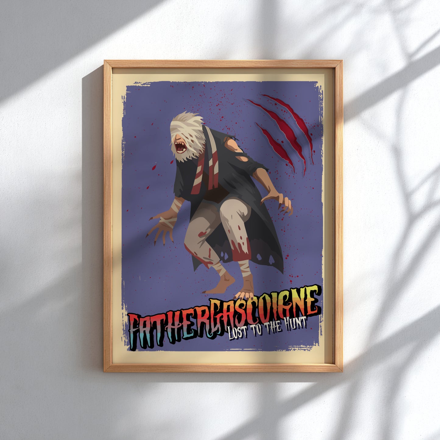 Framed poster of Father Gascoigne from Bloodborne a purple background.