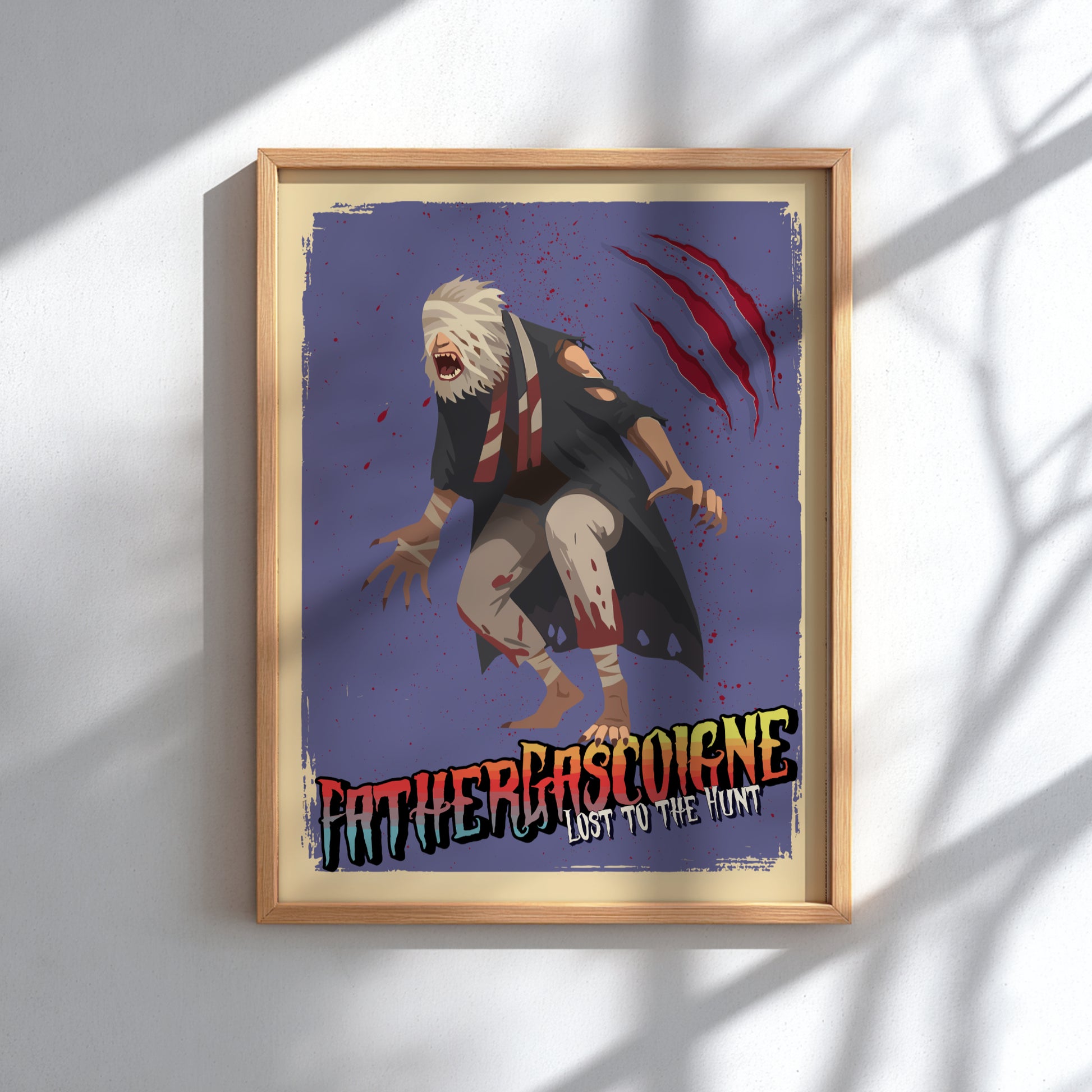 Framed poster of Father Gascoigne from Bloodborne a purple background.