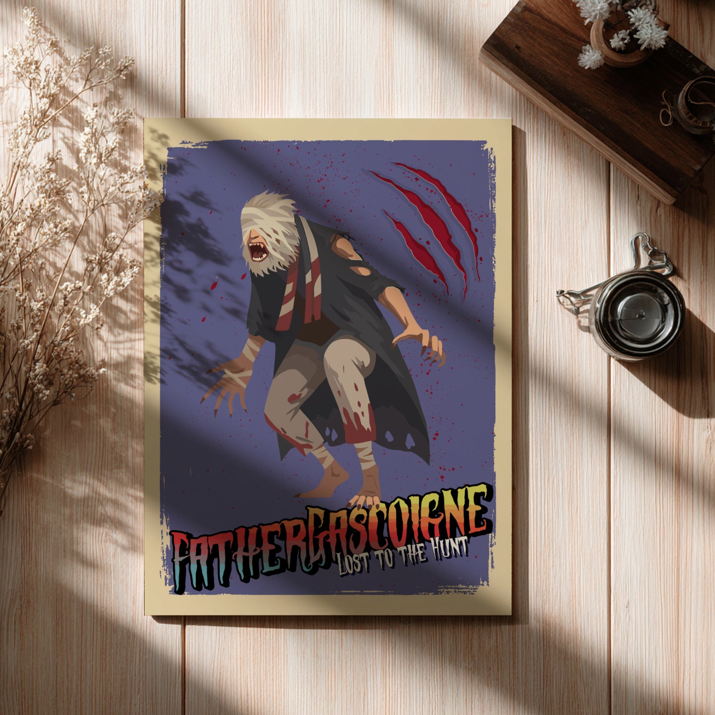 Poster of Father Gascoigne from Bloodborne on a wooden surface with decorative elements.