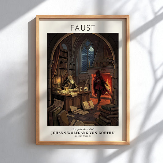 Faust poster featuring a bearded scholar in a stone library meeting a mysterious visitor