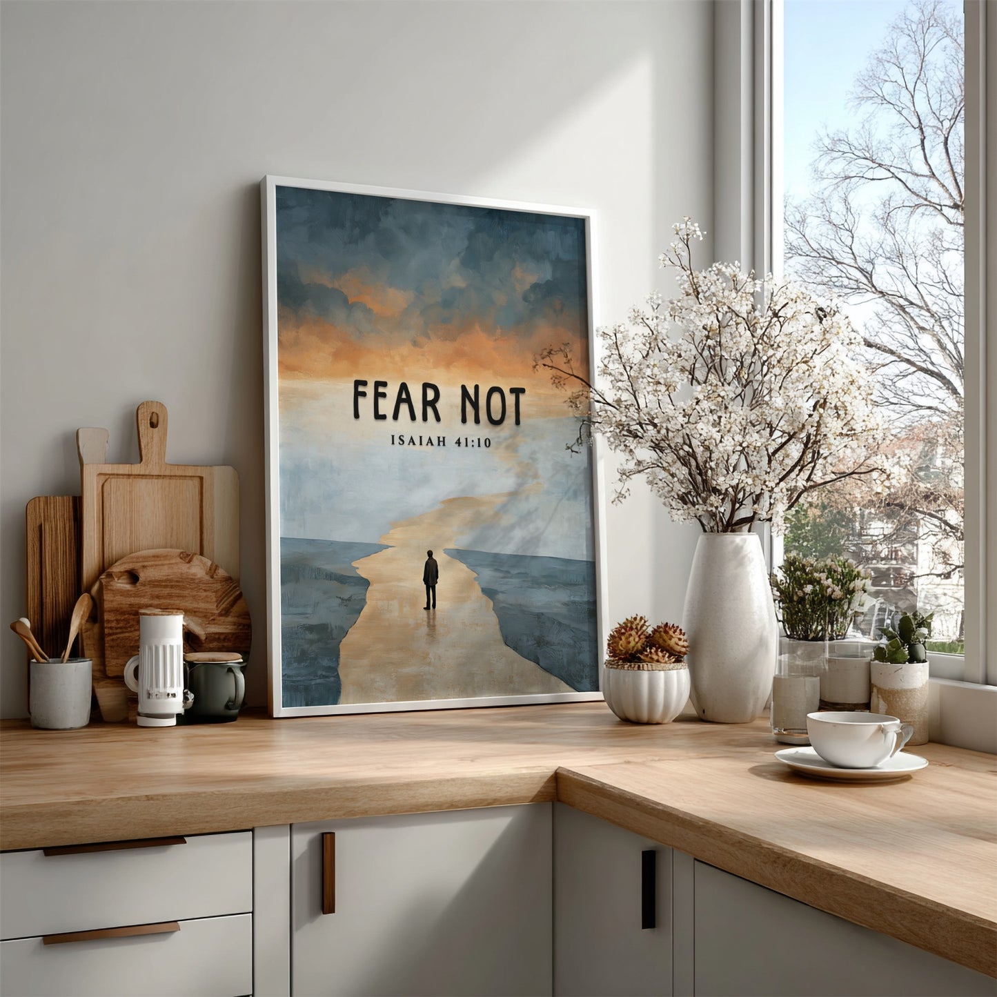 Fear Not poster featuring a serene landscape and inspirational quote from Isaiah 41:10 in soft colors