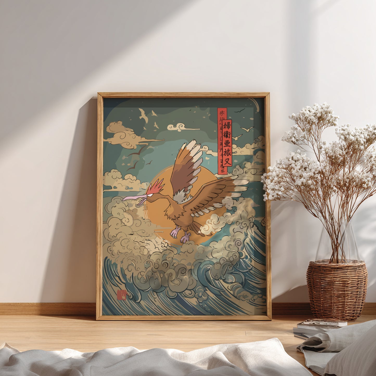 Framed artwork of Fearow Pokemon in flight with waves and clouds on a wall.