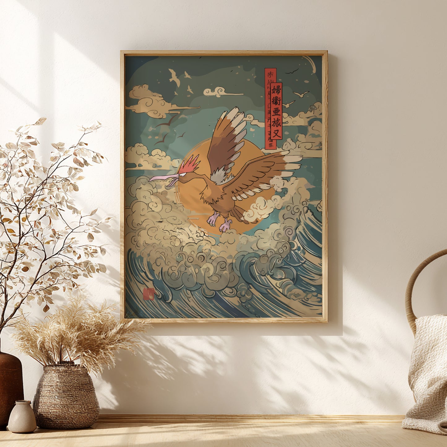 Framed artwork of Fearow Pokemon in flight with waves and clouds on a wall.