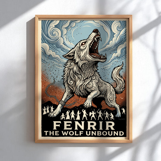 Fenrir the Wolf Unbound poster featuring a powerful wolf breaking chains in Norse style