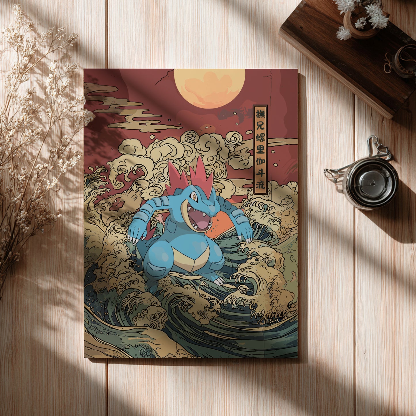 Poster with Feraligatr Pokemon illustration on a wooden surface