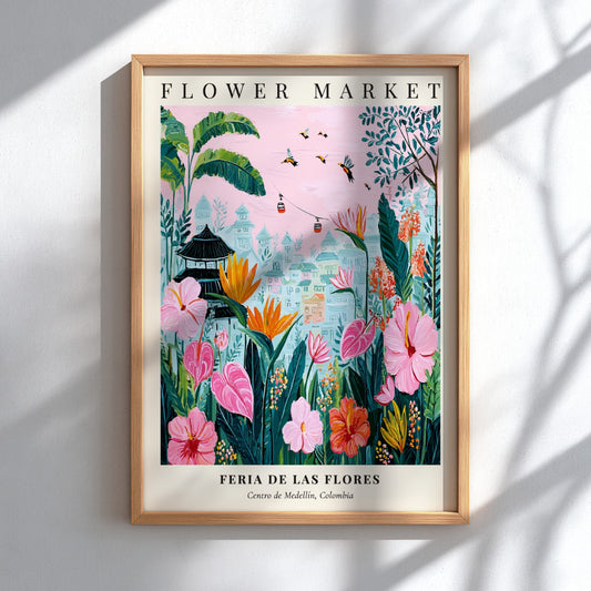 Floral artwork featuring vibrant flowers and greenery in a whimsical style, perfect for wall decor.