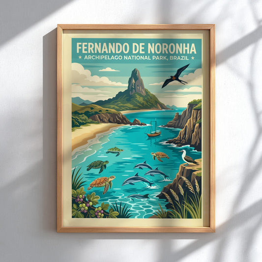Fernando de Noronha travel poster showing dolphins, turtles, and a mountain in Brazil.