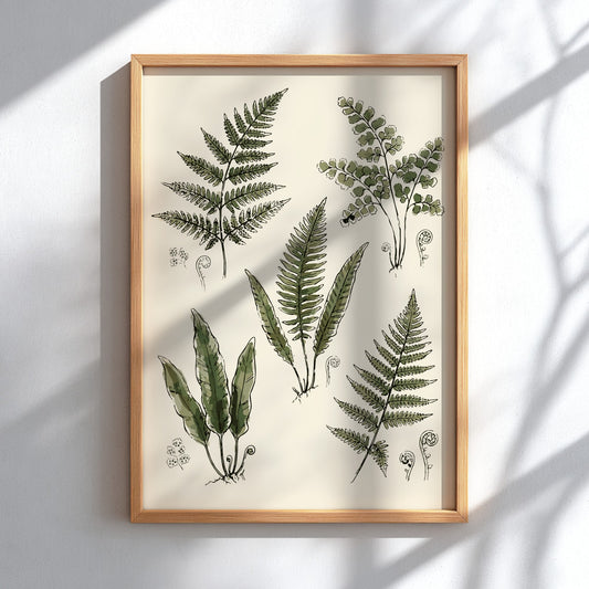 Poster featuring five detailed green fern illustrations on a cream background with fiddlehead sprouts.