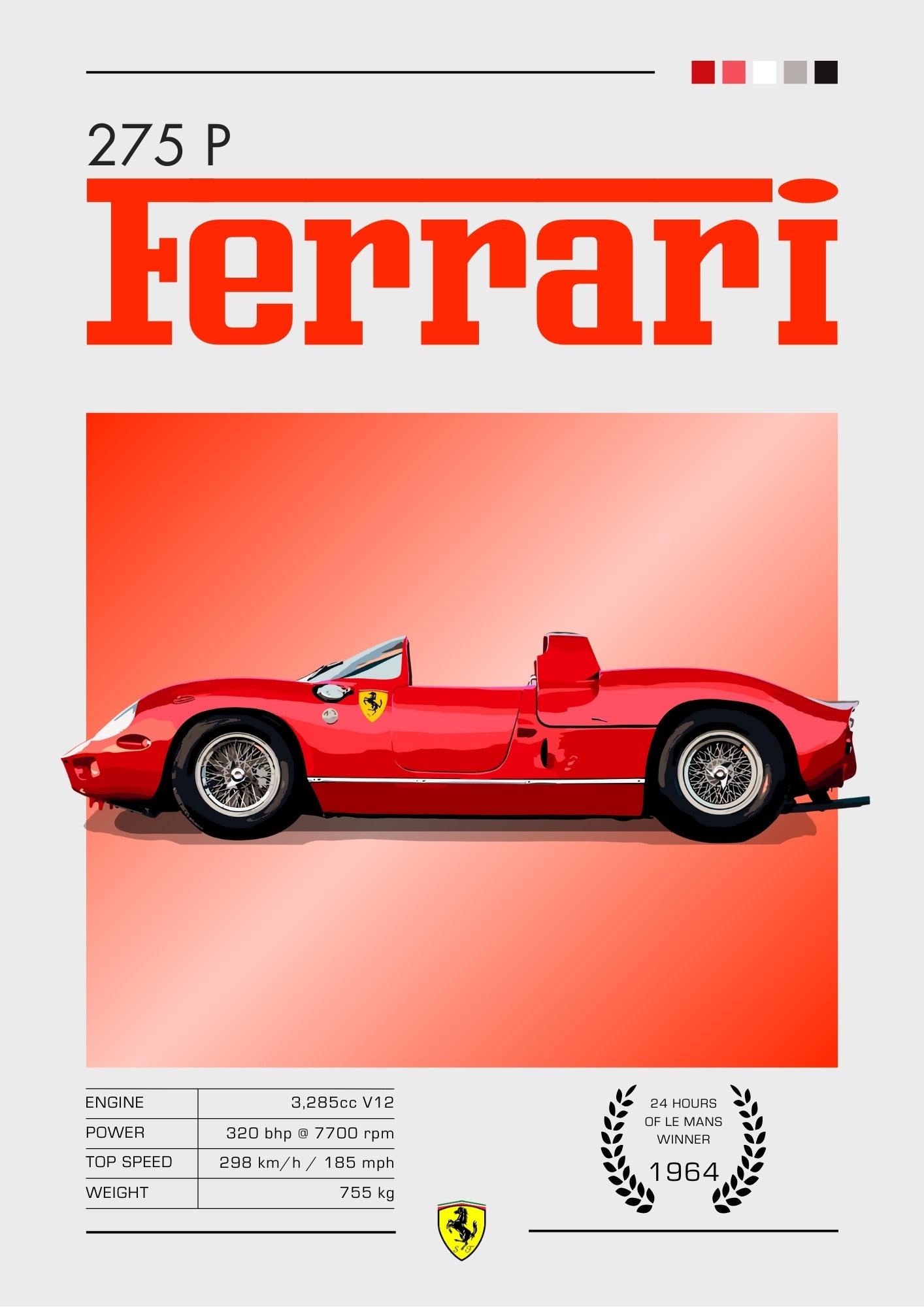 Affiche Ferrari 275 P – Décoration murale représentant une voiture de course victorieuse au Mans dans les années 1960