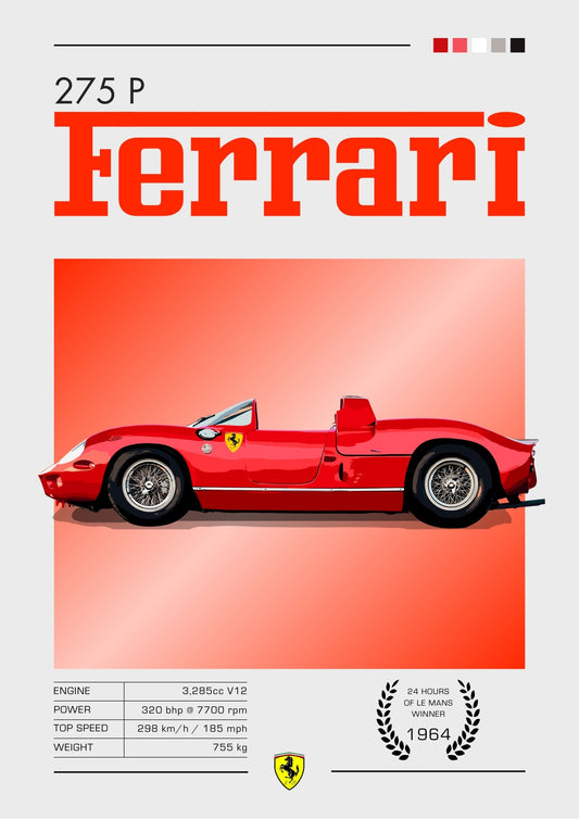Affiche Ferrari 275 P – Décoration murale représentant une voiture de course victorieuse au Mans dans les années 1960