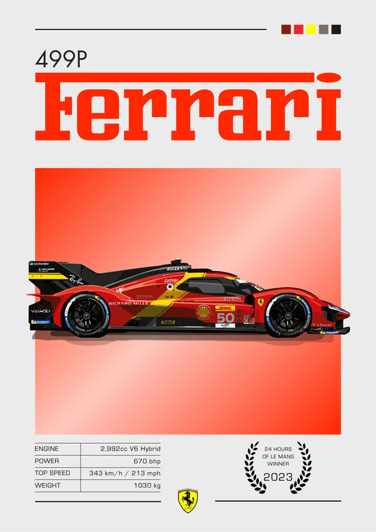 Affiche Ferrari 499P – Décoration murale représentant une hypercar victorieuse au Mans