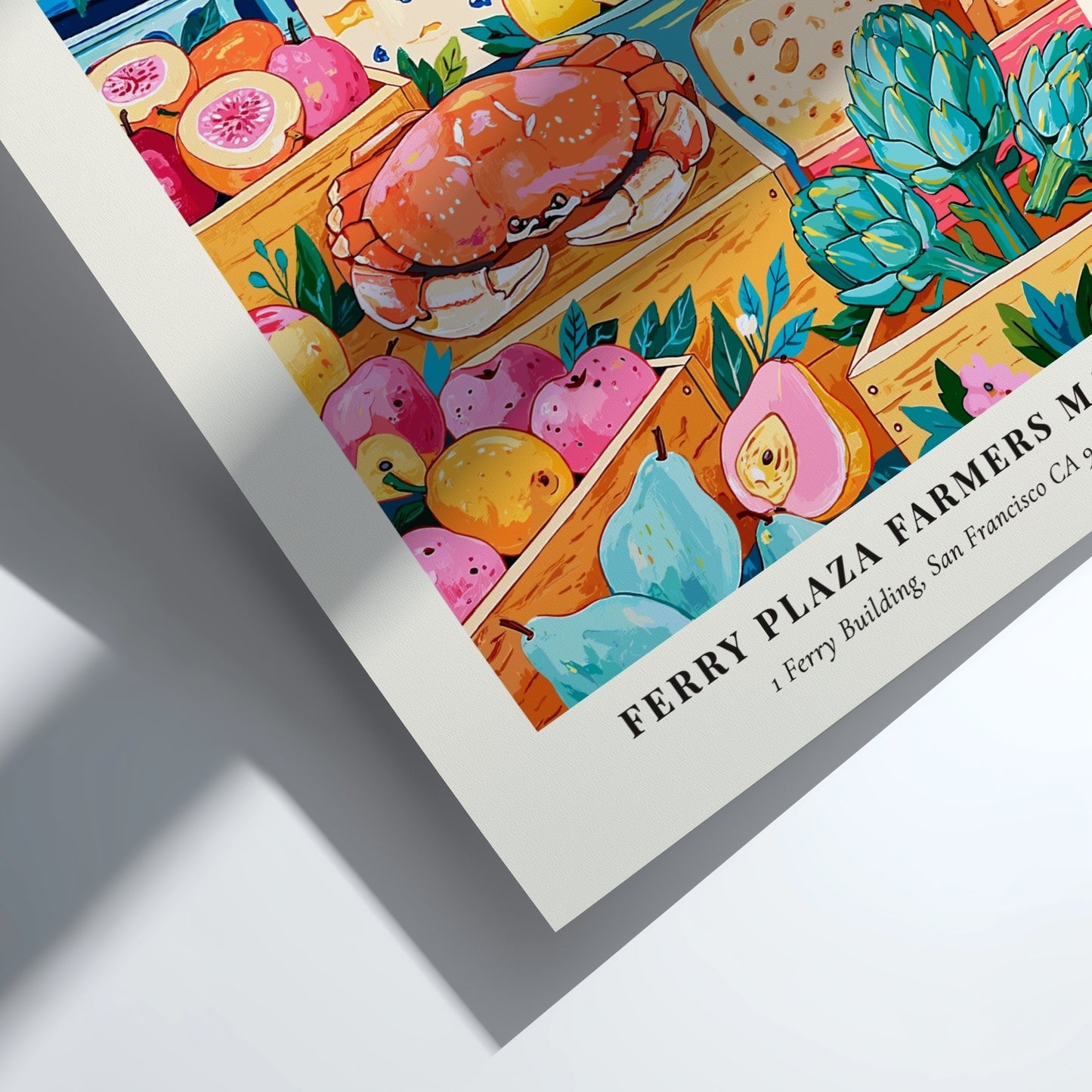 Ferry Plaza Farmers Market poster featuring colorful fruits, vegetables, and seafood with San Francisco