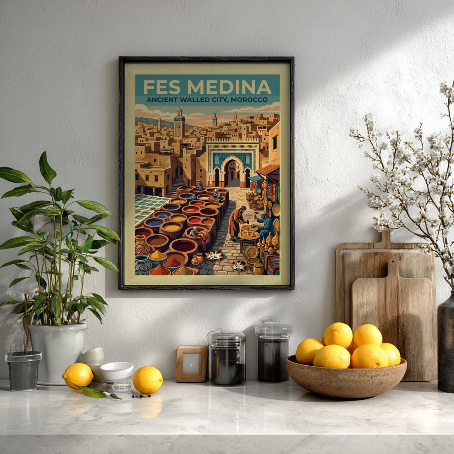 Travel poster of Fes Medina in Morocco featuring ancient architecture and vibrant market scenes.