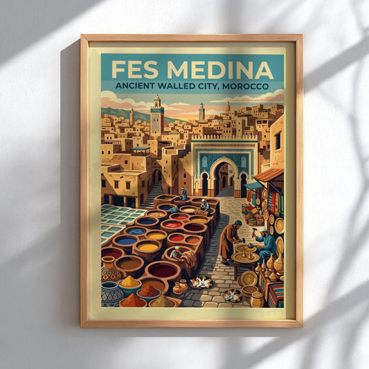 Travel poster of Fes Medina in Morocco featuring ancient architecture and vibrant market scenes.