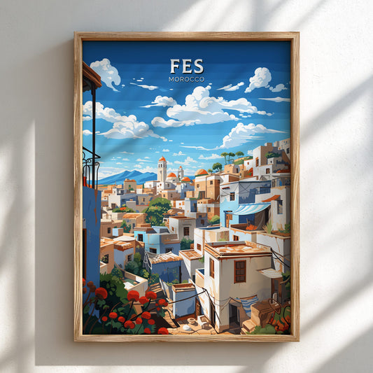 Framed artwork of Fes, Morocco with a cityscape and blue sky.
