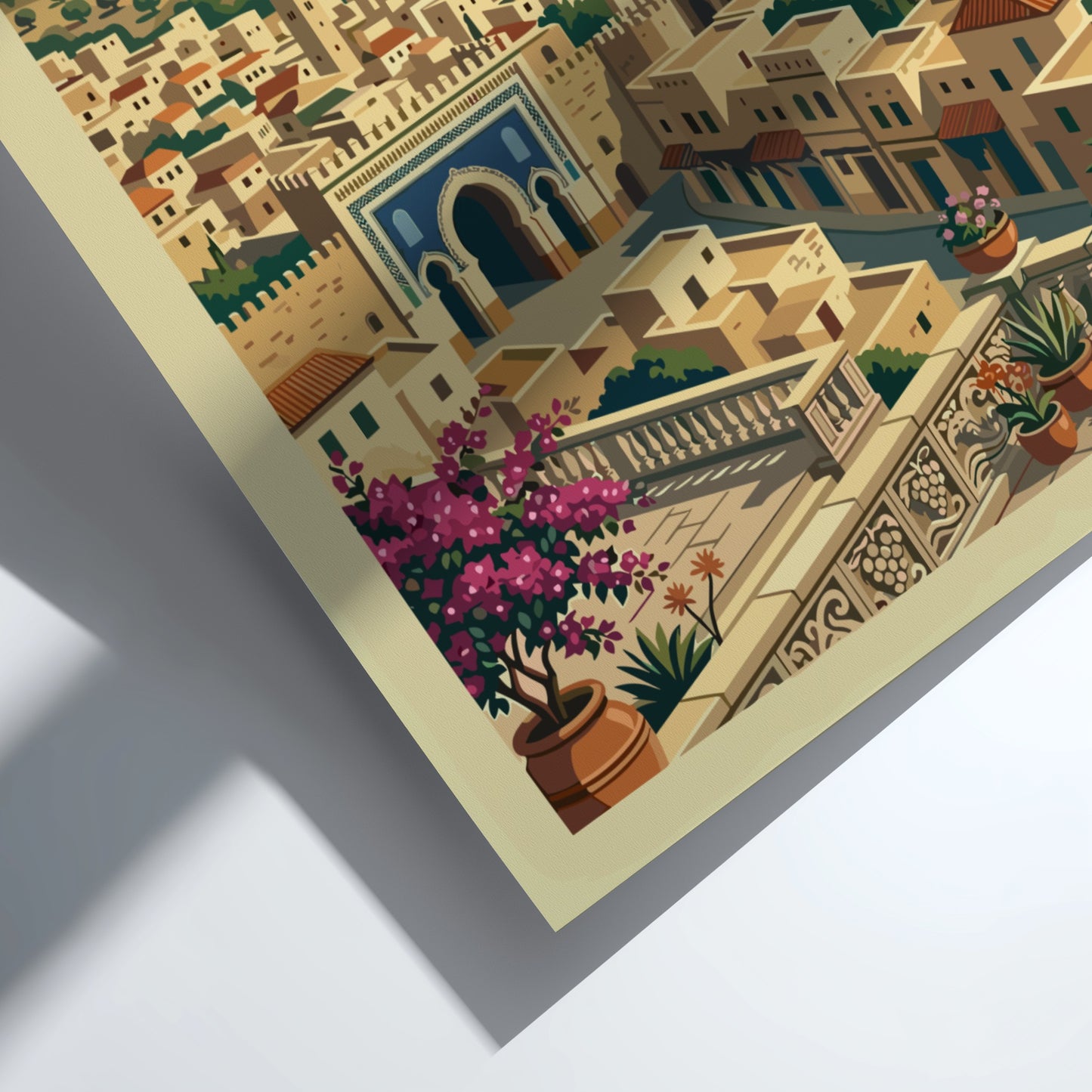 Fes Morocco travel poster with stylized illustration of the city's architecture and landscape.