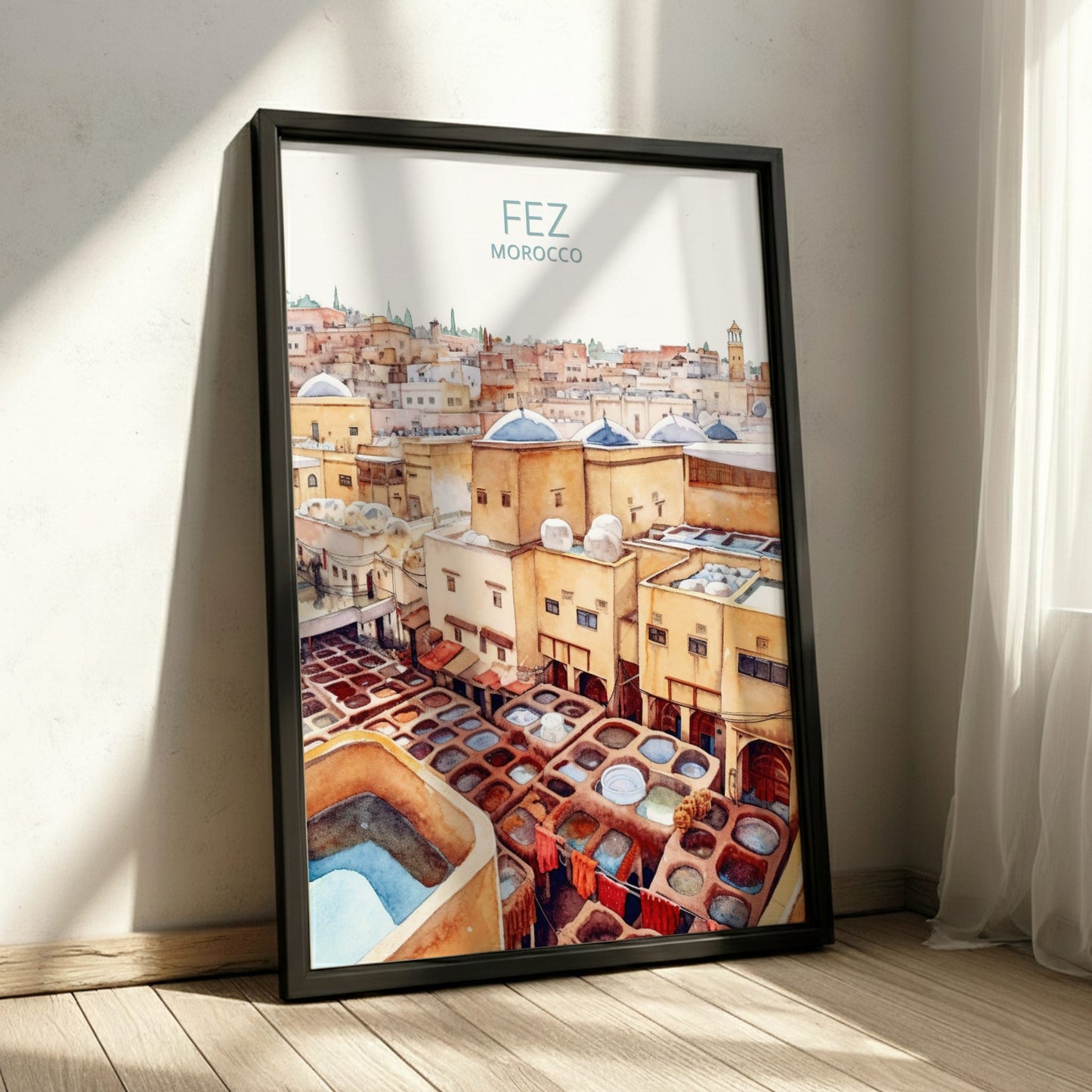 Framed artwork of Fez, Morocco with a view of rooftops and tanneries.