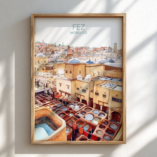 Framed artwork of Fez, Morocco with a view of the city and tanneries.