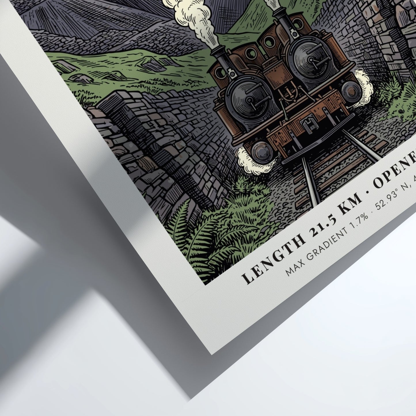 Poster of a double-headed steam train emerging from a rocky Snowdonia mountain pass.