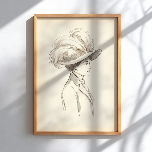 Poster featuring an ink sketch of an Edwardian woman wearing a large feathered hat.